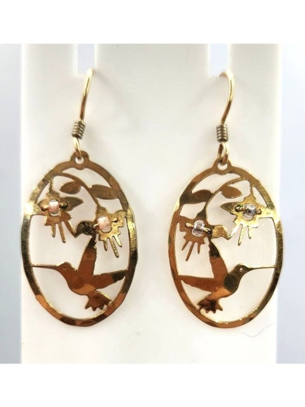 Hummingbird & Flower Oval Gold-Tone Dangle Earrings With Hook Backs